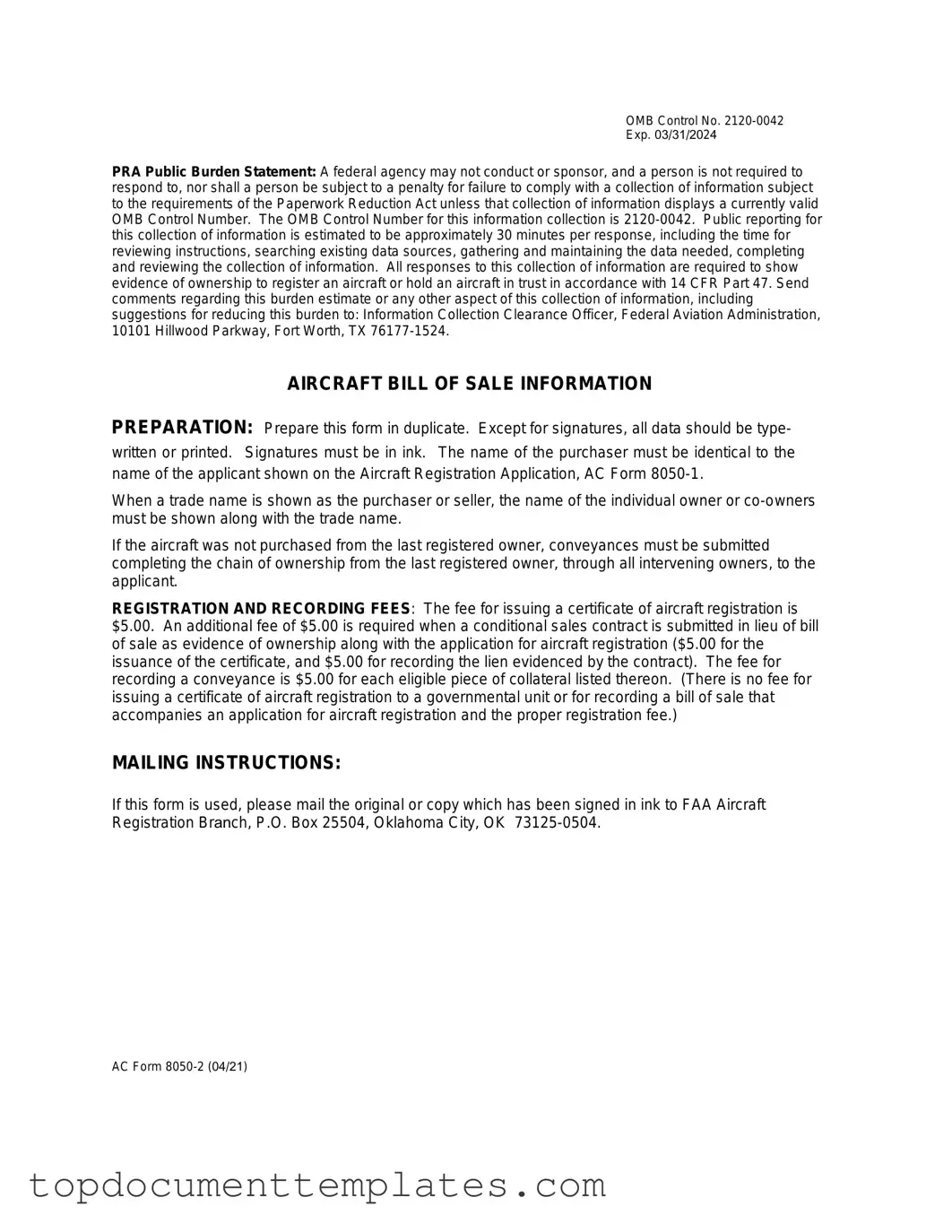 Blank Aircraft Bill of Sale AC 8050-2 PDF Form
