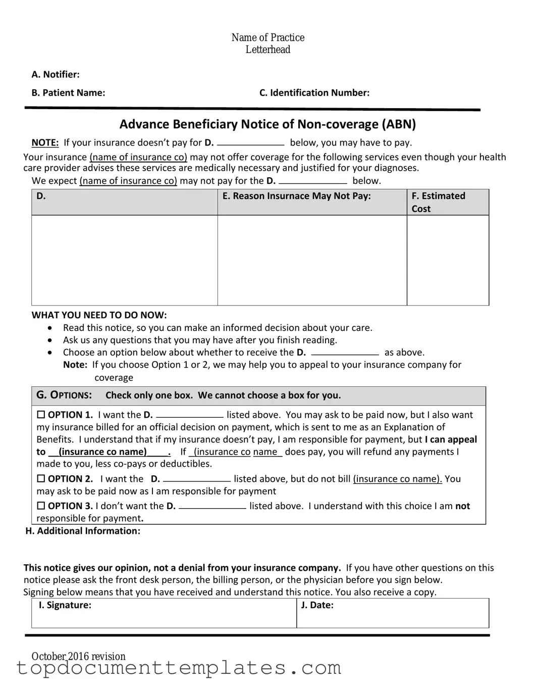 Blank Advance Beneficiary Notice of Non-coverage PDF Form