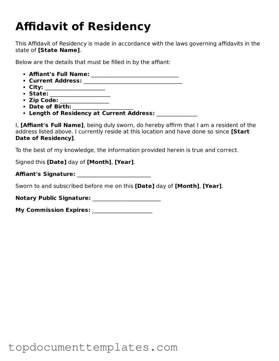 Official Affidavit of Residency Template
