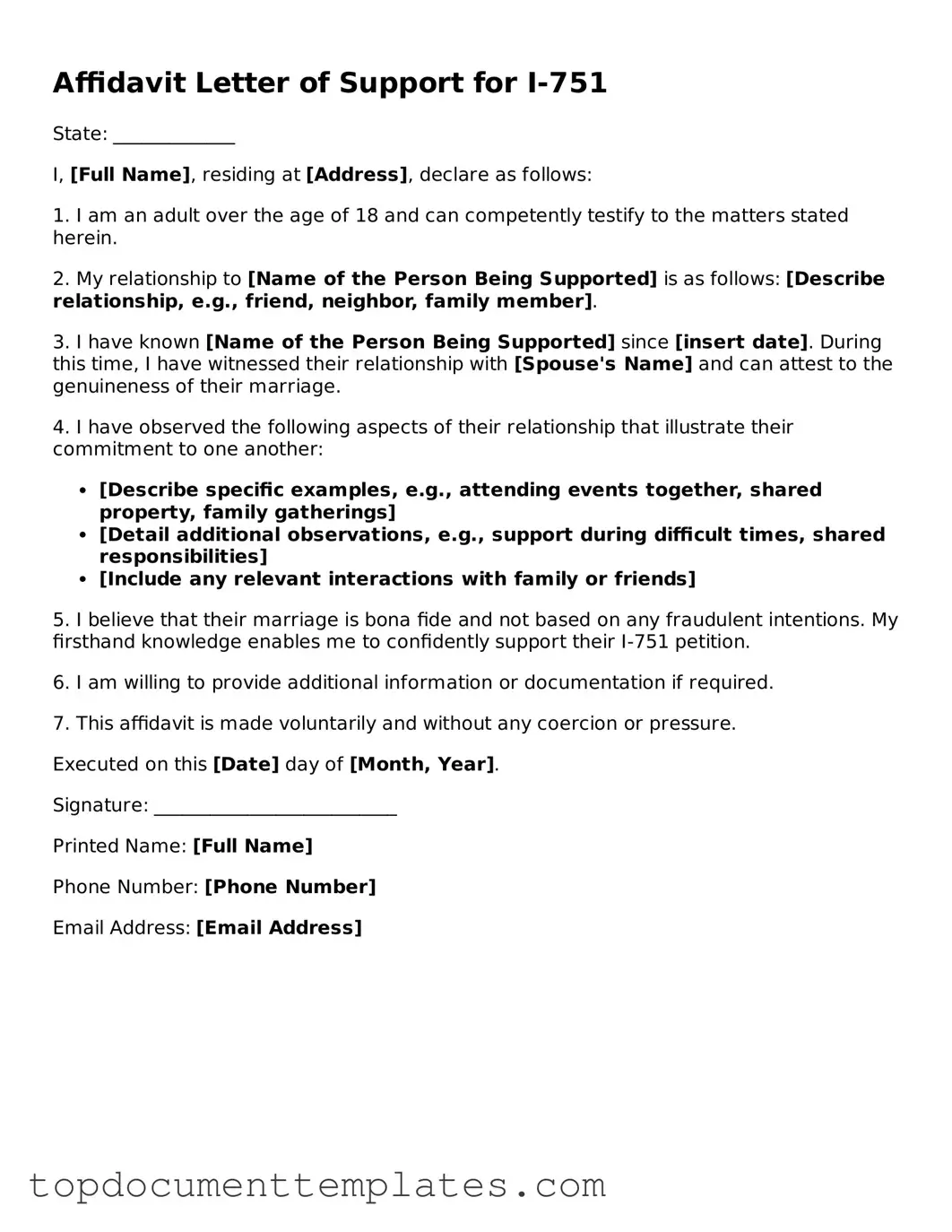 Official Affidavit Letter of Support for I-751 Template