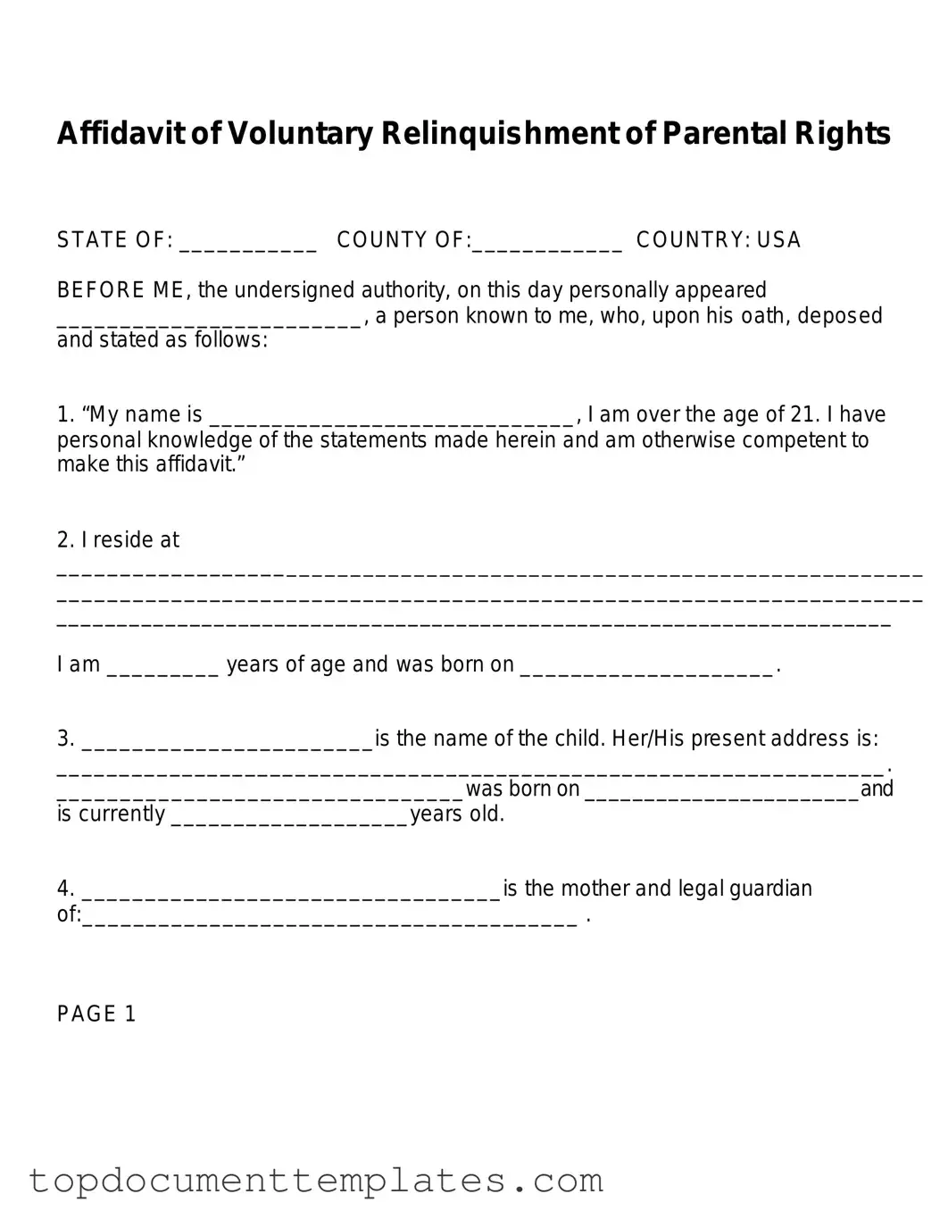 Blank Affidavit Parental Rights PDF Form