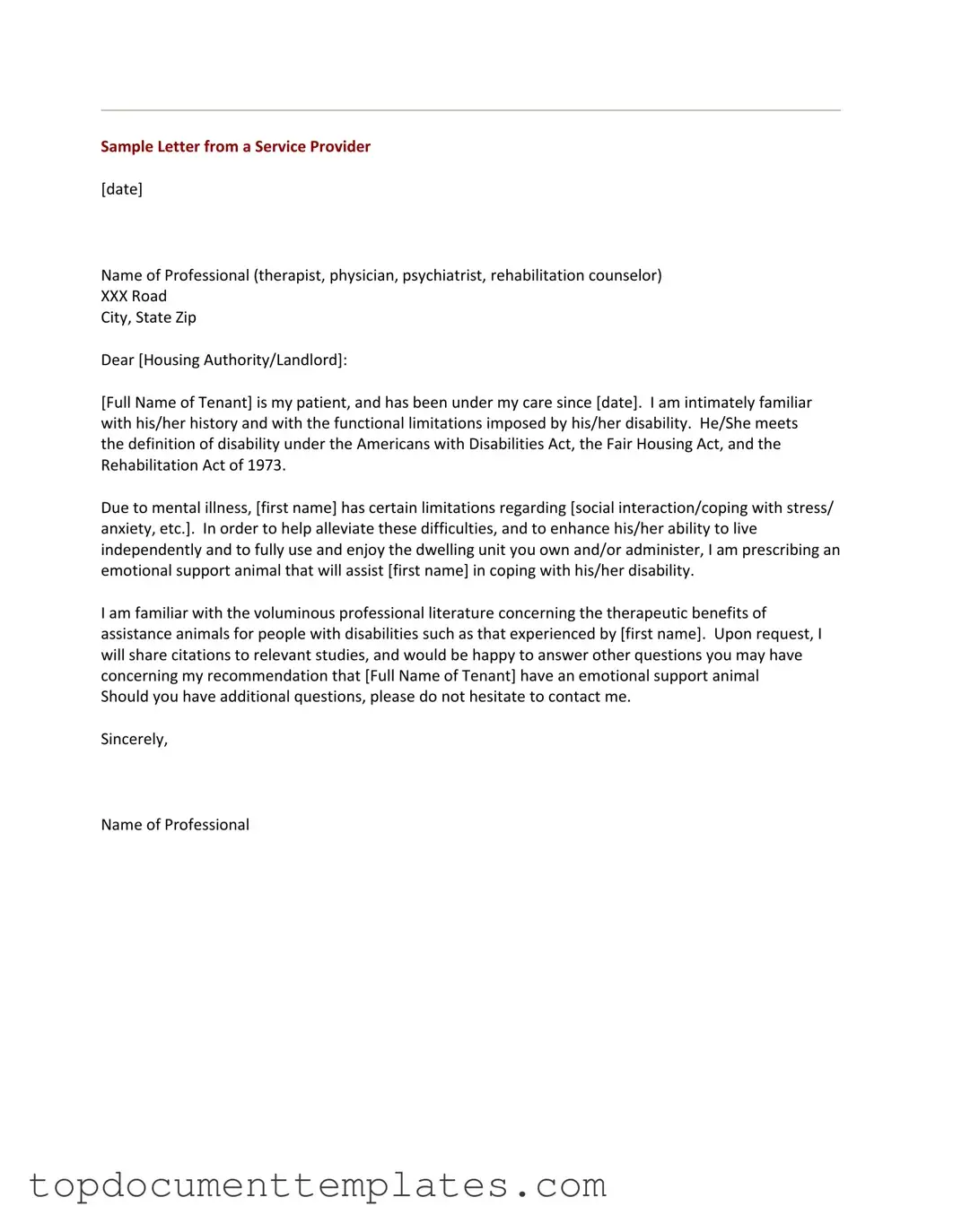 Blank Emotional Support Animal Letter PDF Form