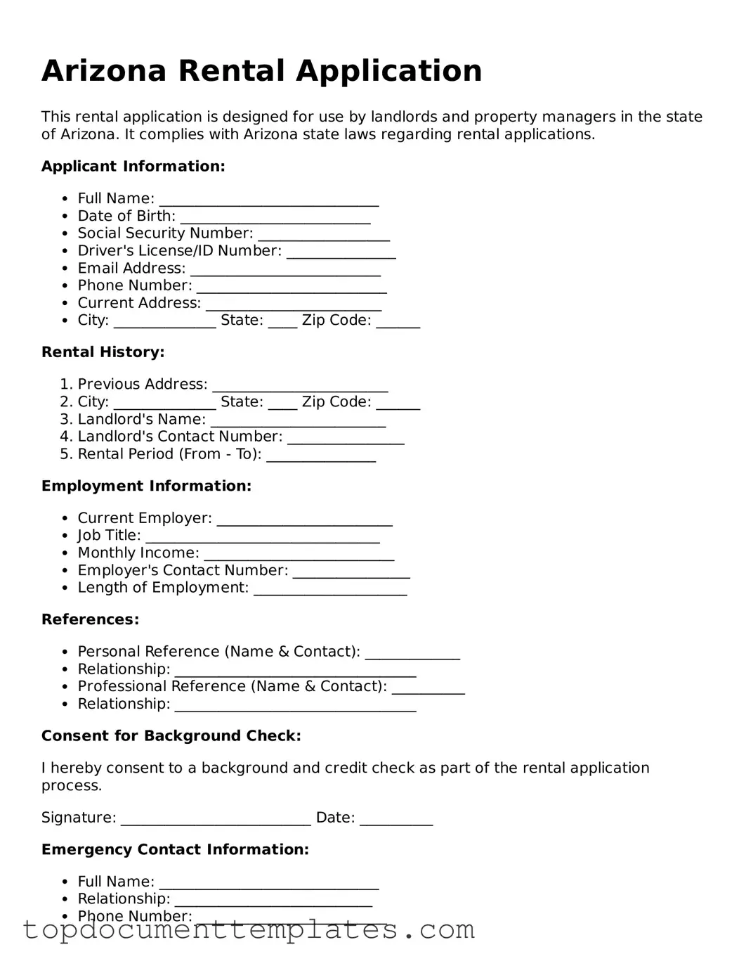 Valid Rental Application Form for Arizona State