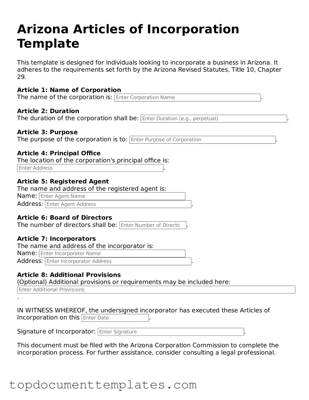 Valid Articles of Incorporation Form for Arizona State