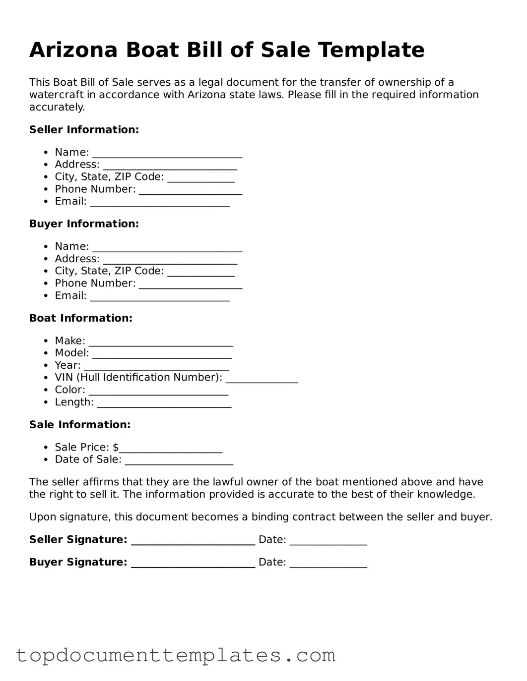 Valid Boat Bill of Sale Form for Arizona State