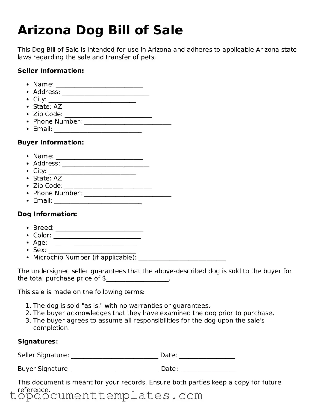 Valid Dog Bill of Sale Form for Arizona State