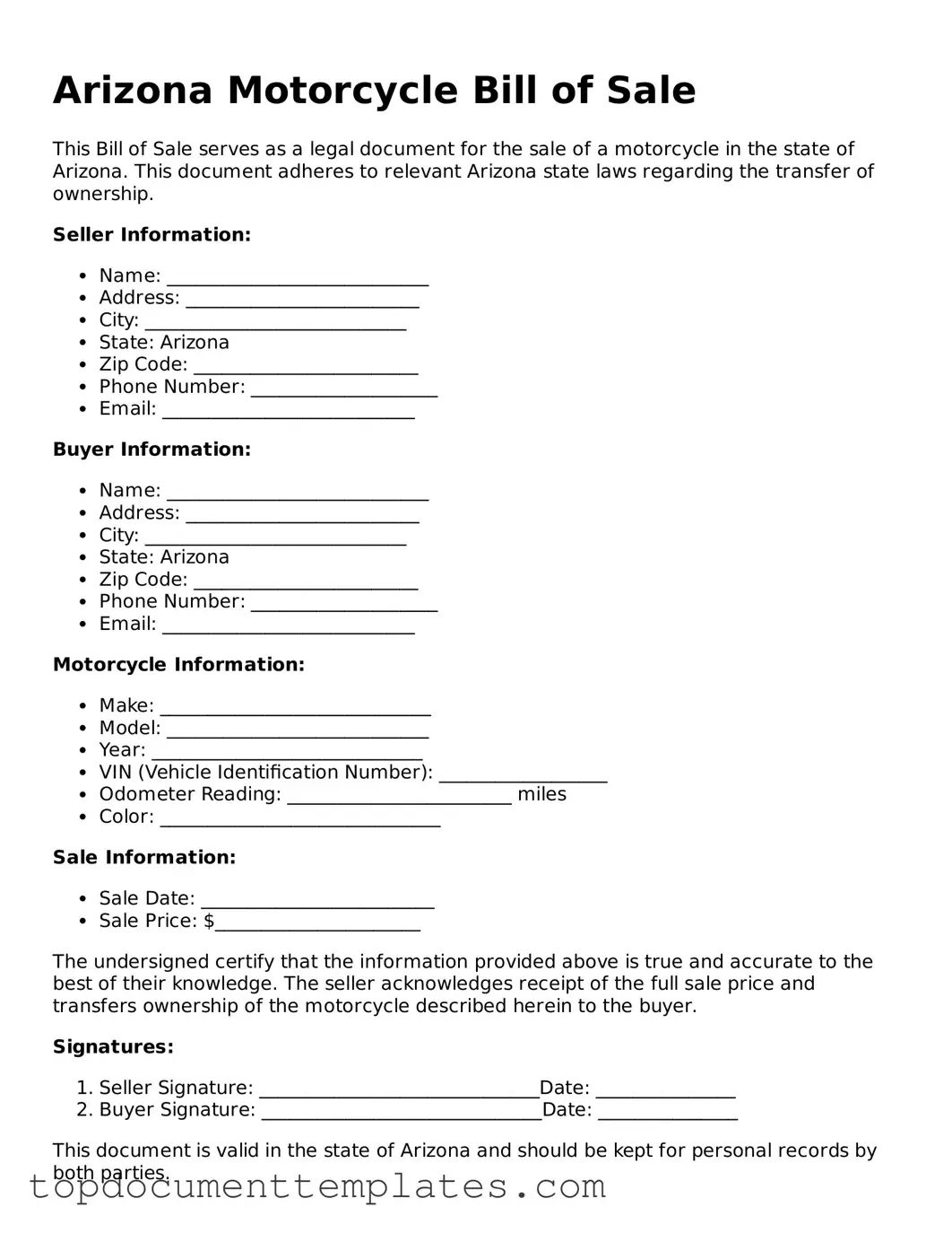 Valid Motorcycle Bill of Sale Form for Arizona State