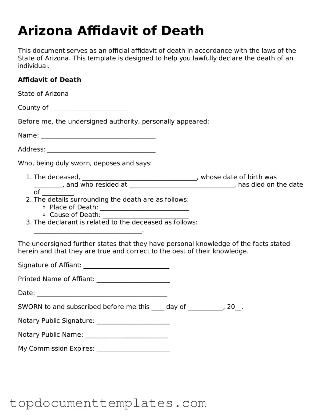 Valid Affidavit of Death Form for Arizona State