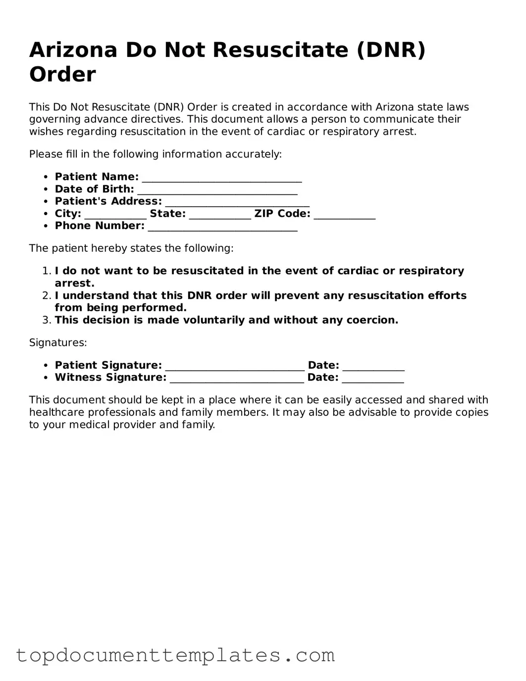 Valid Do Not Resuscitate Order Form for Arizona State