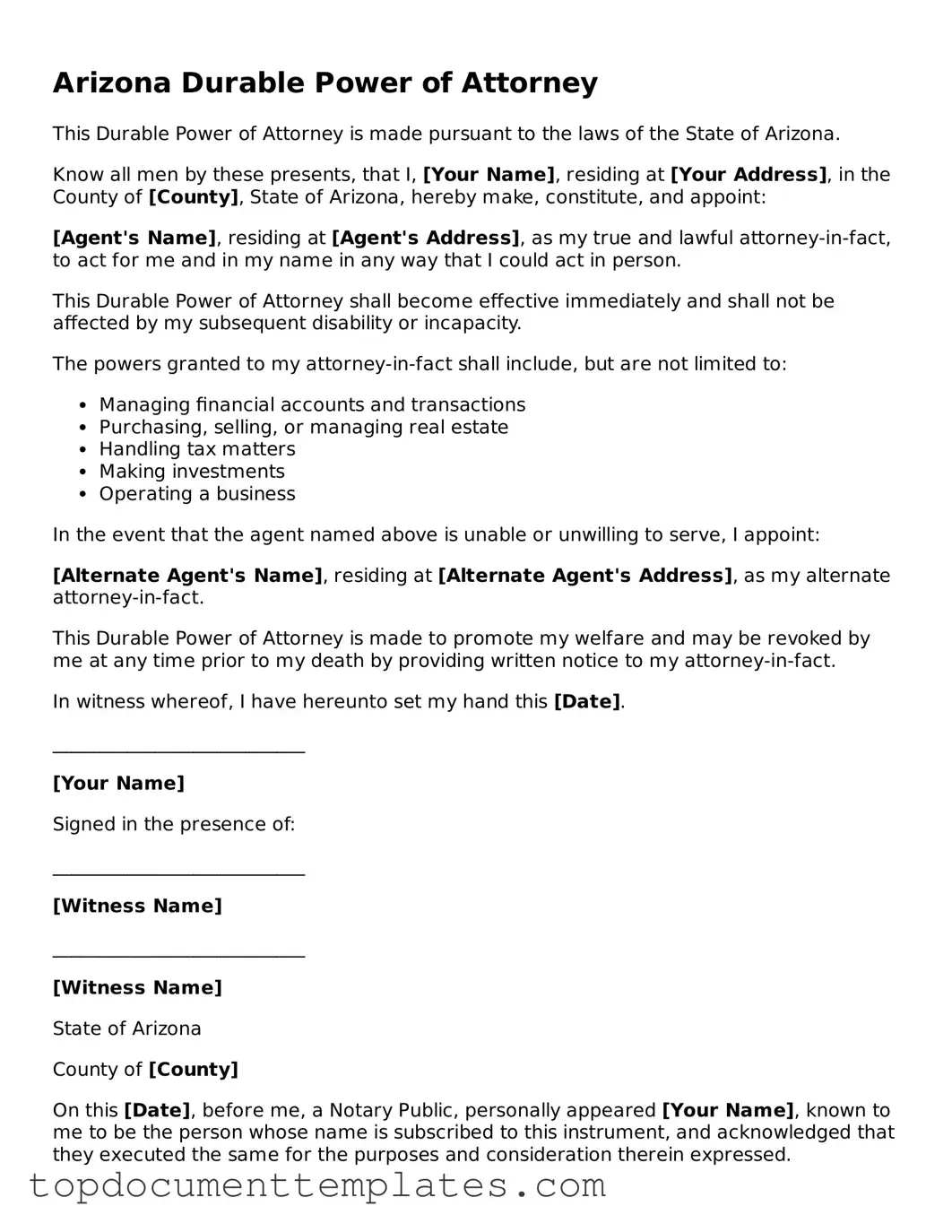 Valid Durable Power of Attorney Form for Arizona State