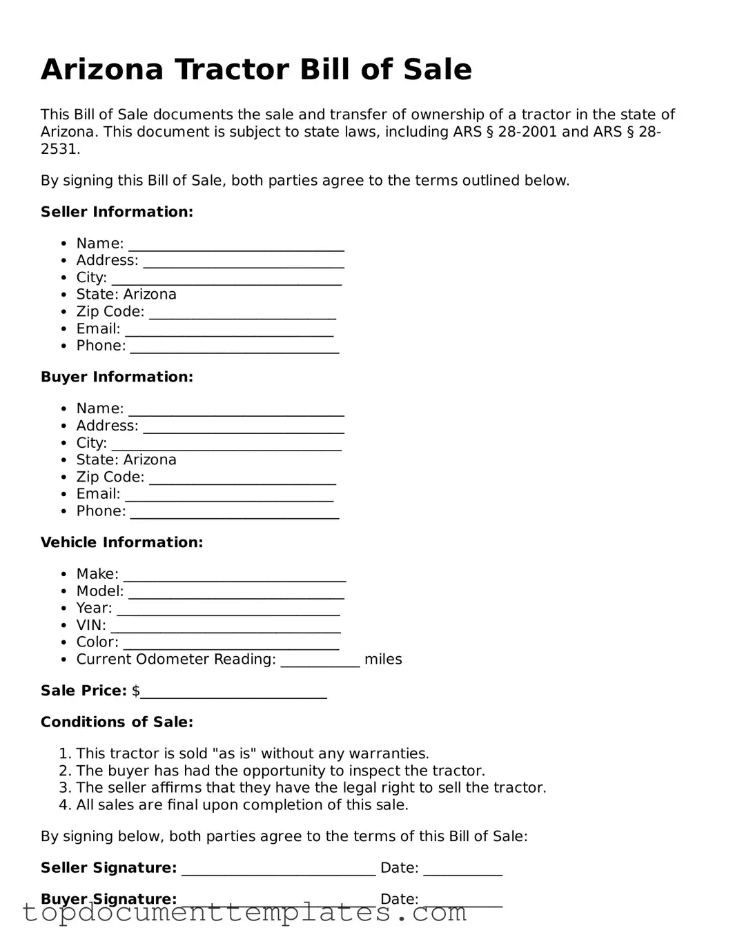 Valid Tractor Bill of Sale Form for Arizona State