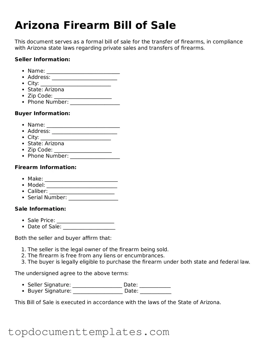 Valid Firearm Bill of Sale Form for Arizona State