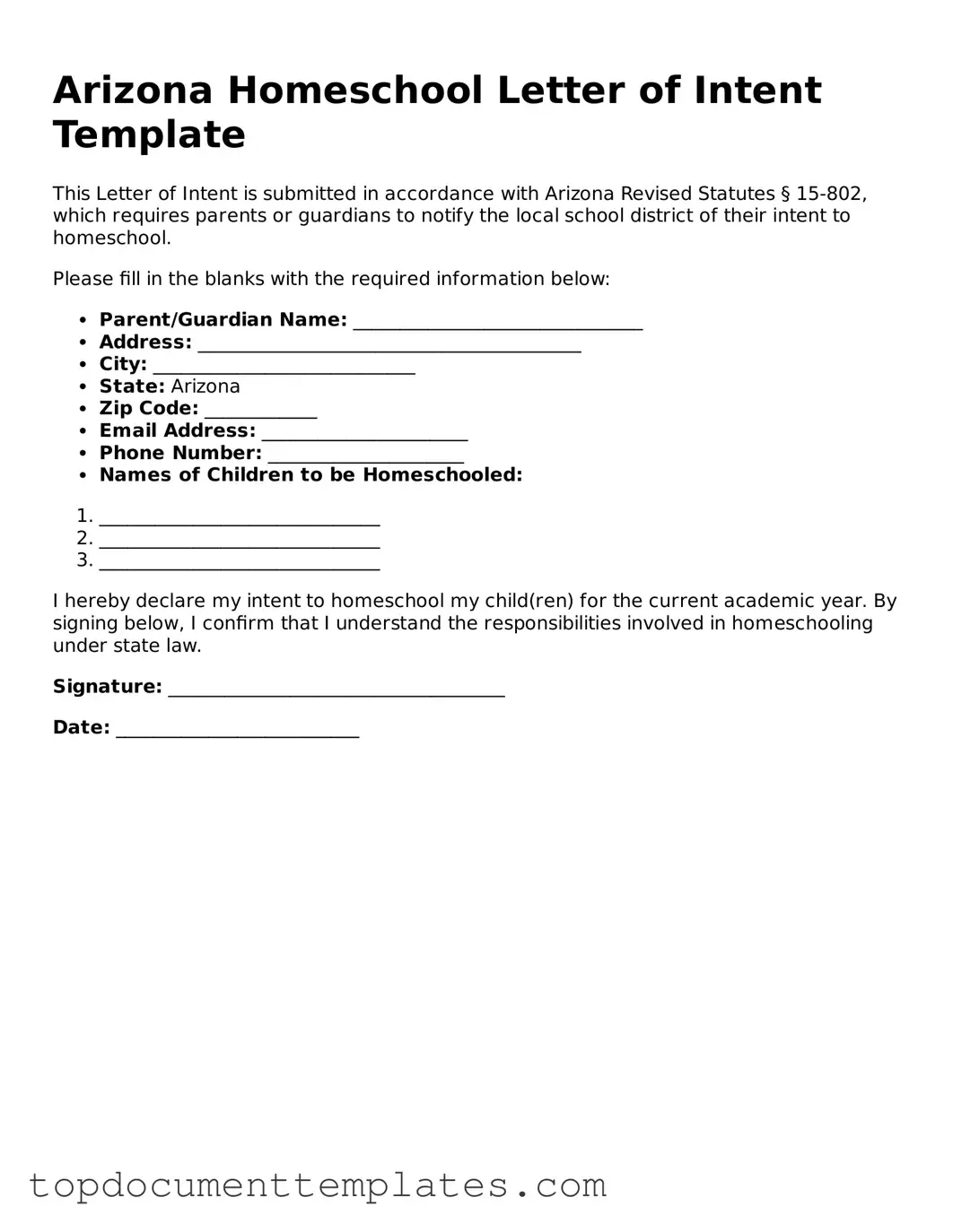 Valid Homeschool Letter of Intent Form for Arizona State