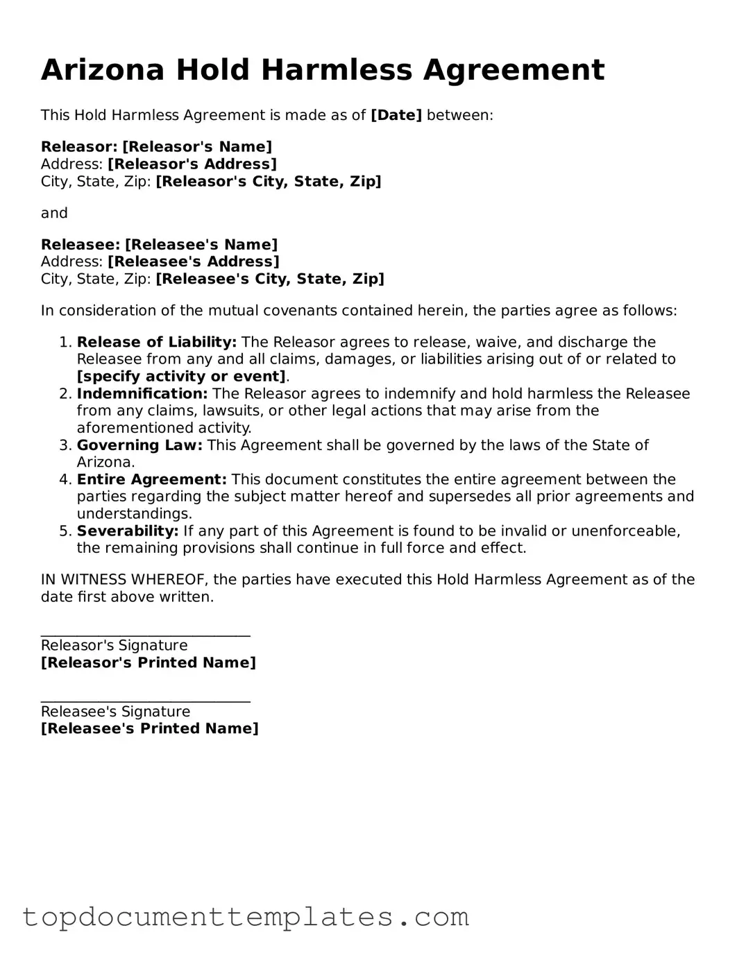 Valid Hold Harmless Agreement Form for Arizona State