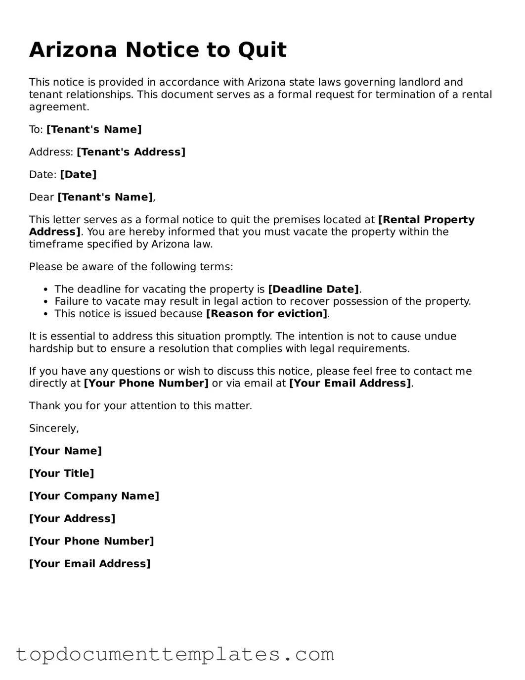 Valid Notice to Quit Form for Arizona State