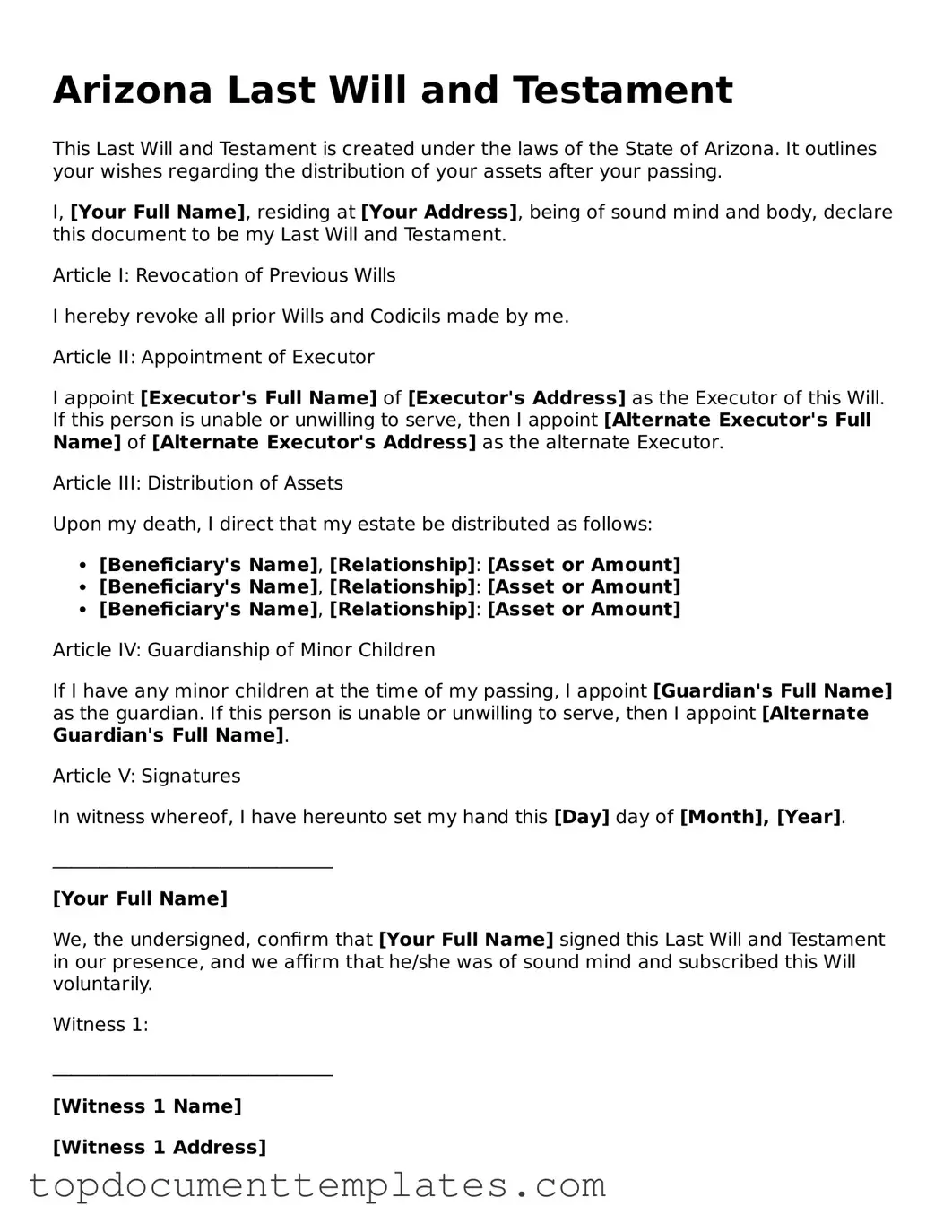 Valid Last Will and Testament Form for Arizona State