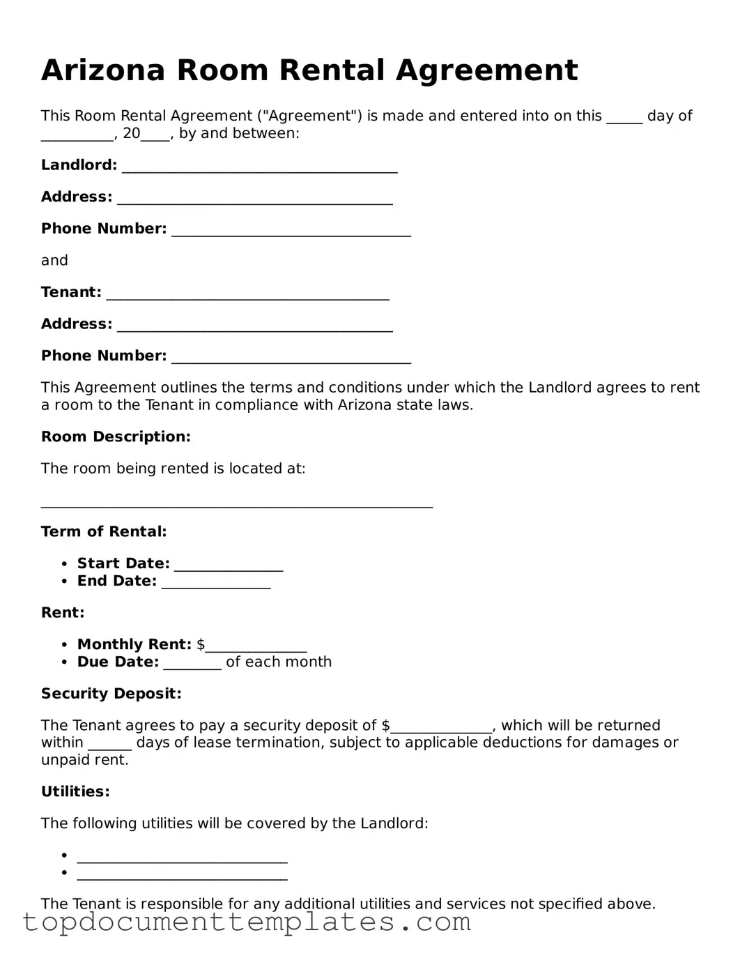 Valid Room Rental Agreement Form for Arizona State