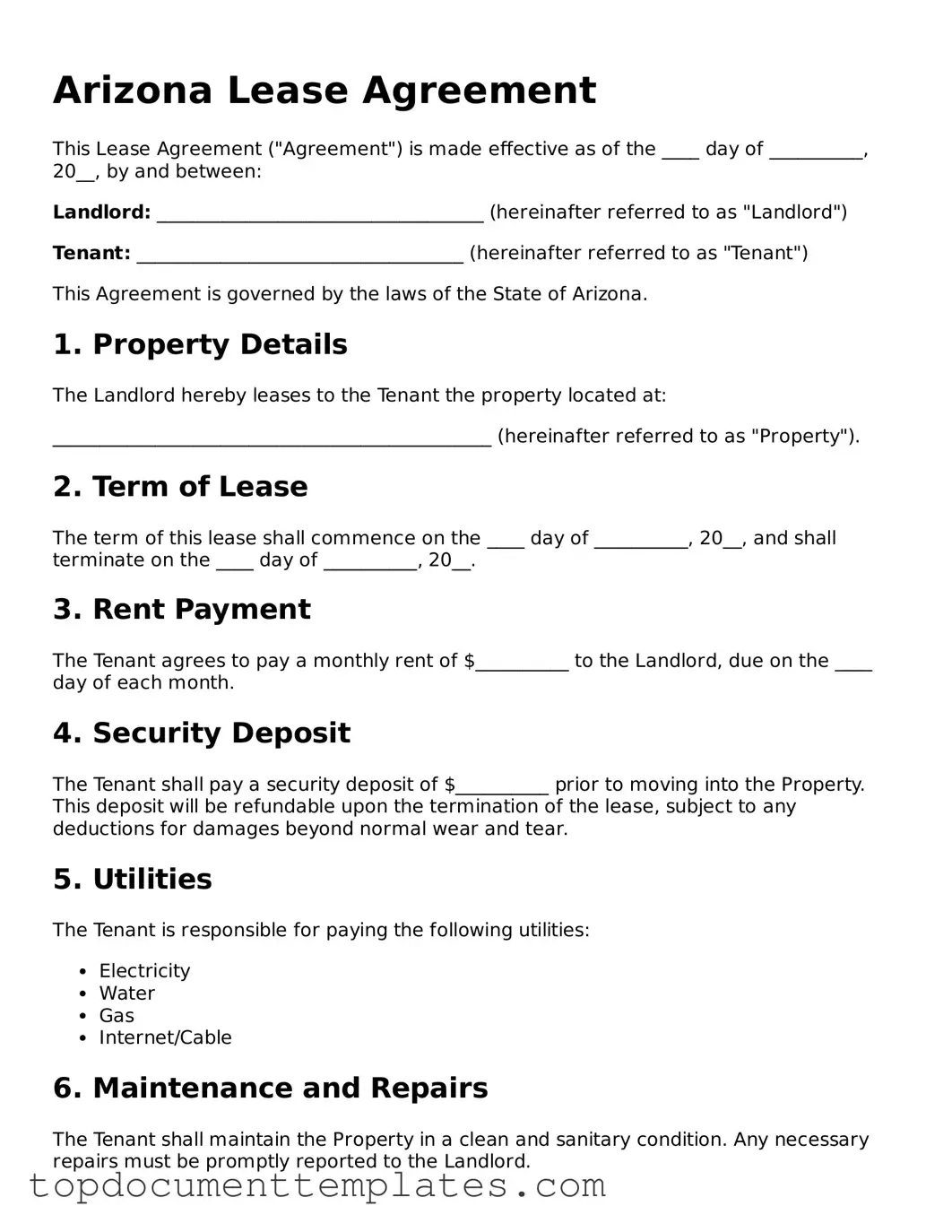Valid Lease Agreement Form for Arizona State