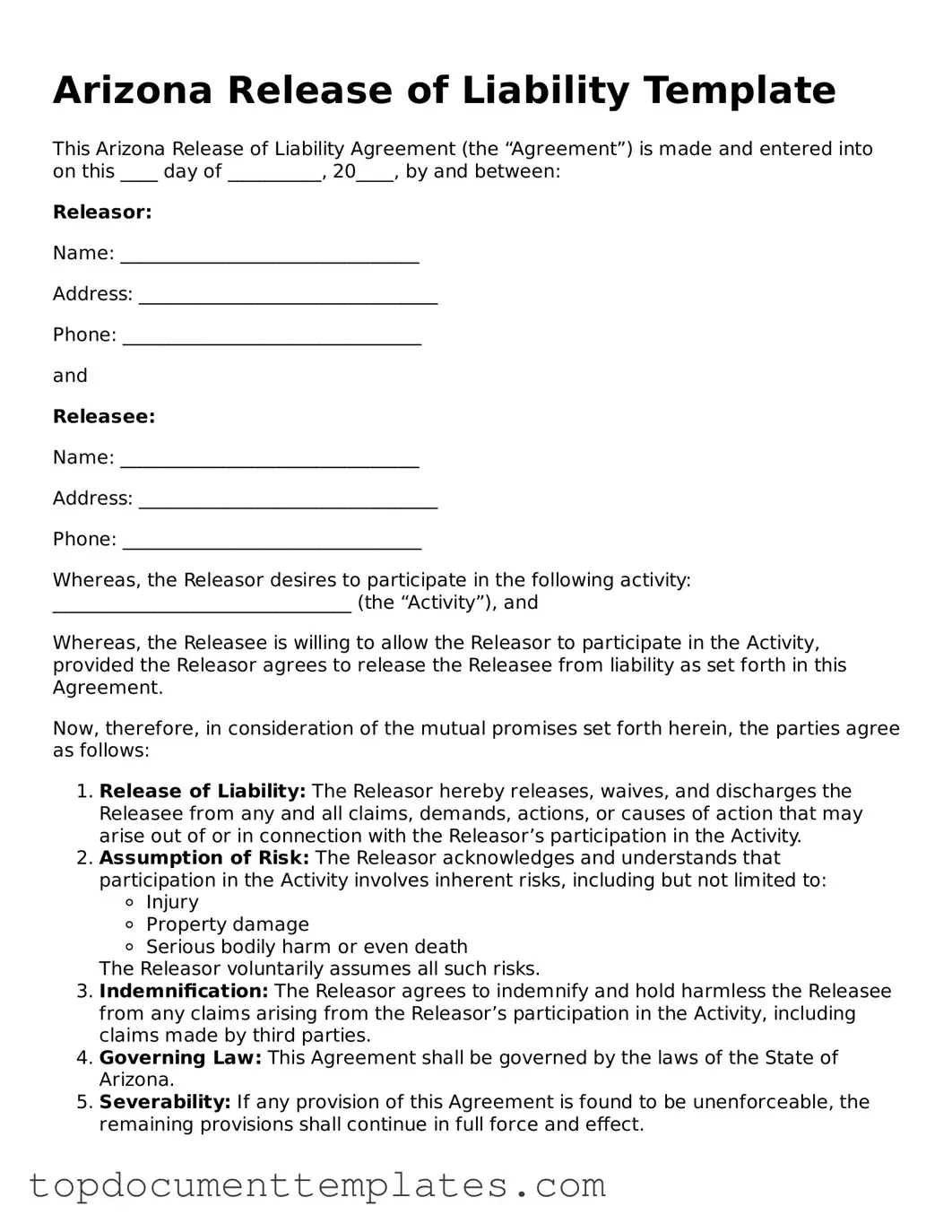 Valid Release of Liability Form for Arizona State
