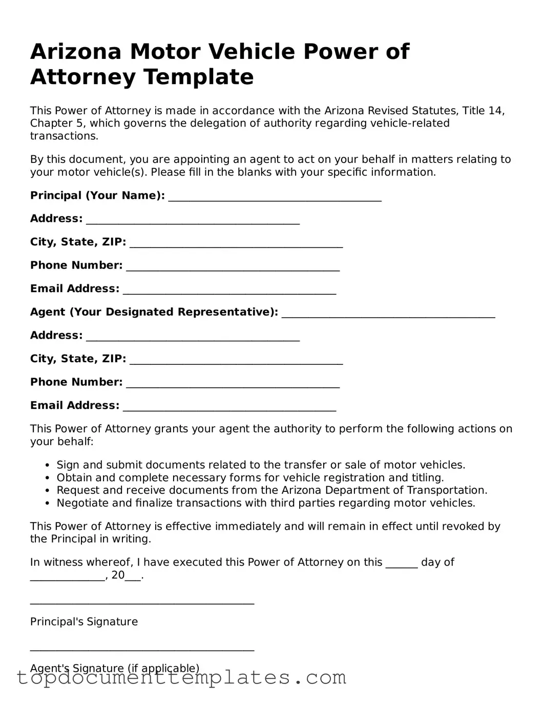 Valid Motor Vehicle Power of Attorney Form for Arizona State