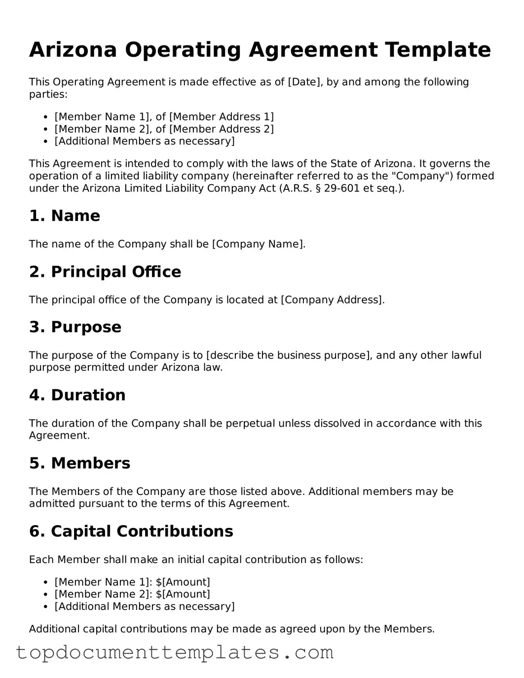 Valid Operating Agreement Form for Arizona State