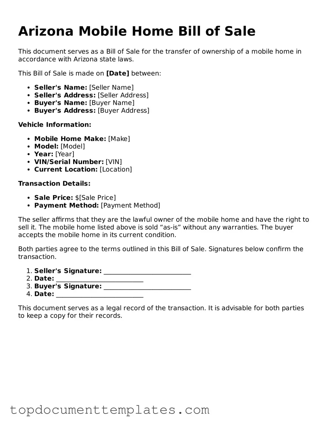 Valid Mobile Home Bill of Sale Form for Arizona State