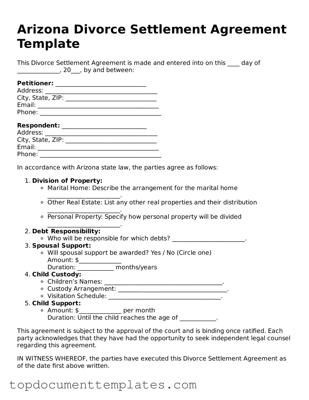 Valid Divorce Settlement Agreement Form for Arizona State