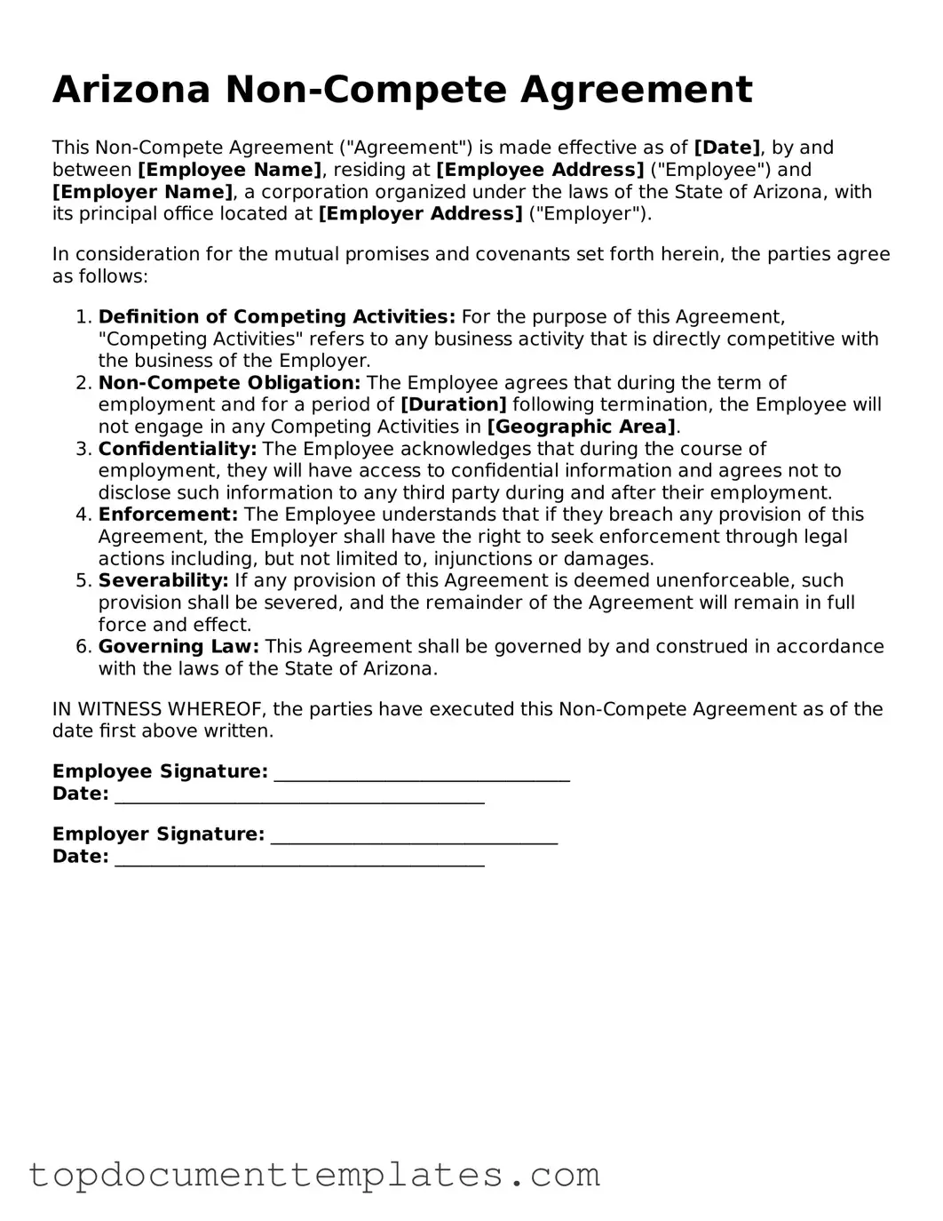 Valid Non-compete Agreement Form for Arizona State