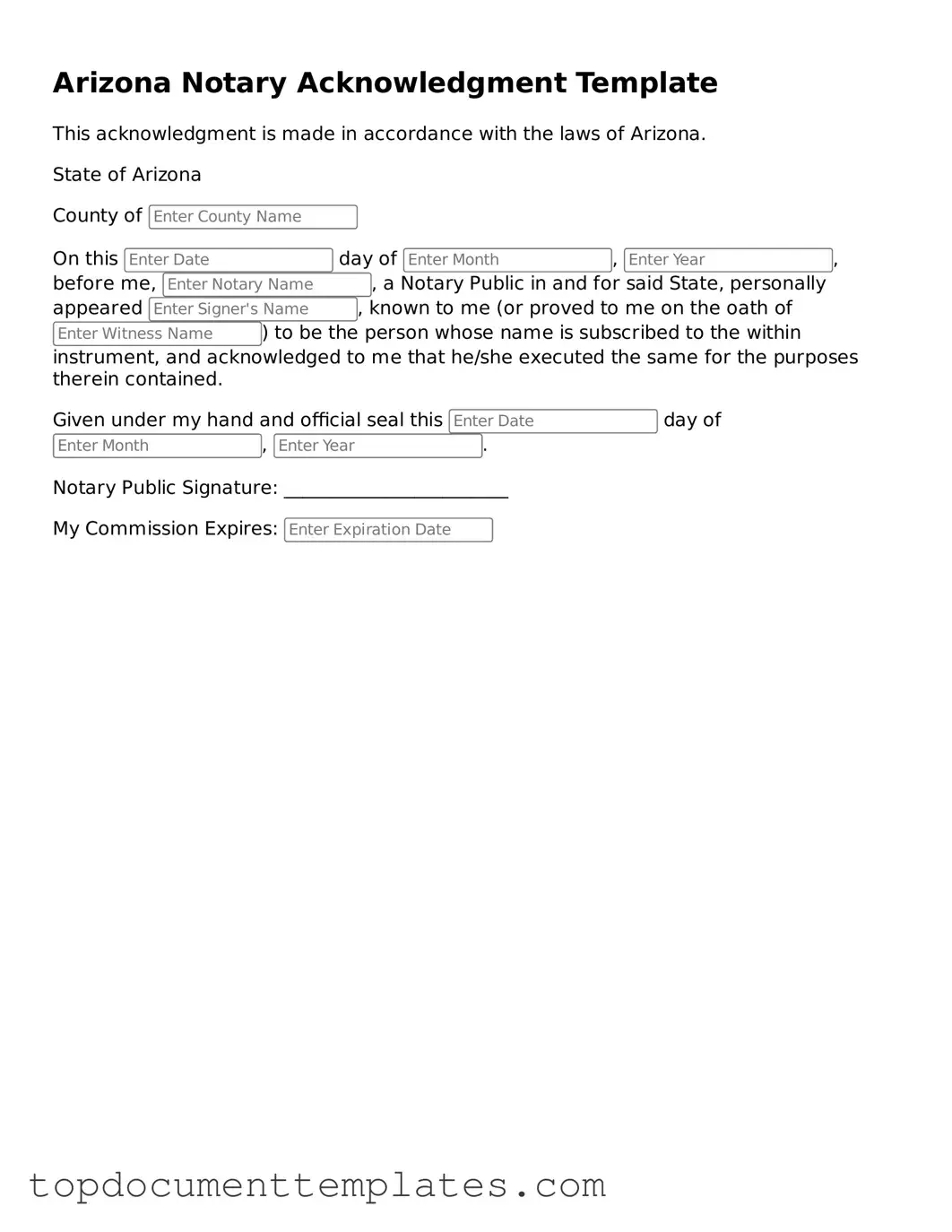 Valid Notary Acknowledgement Form for Arizona State