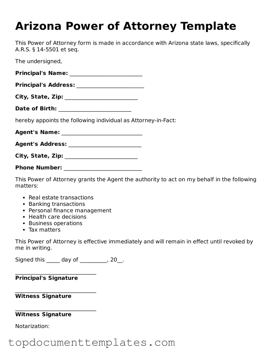Valid Power of Attorney Form for Arizona State