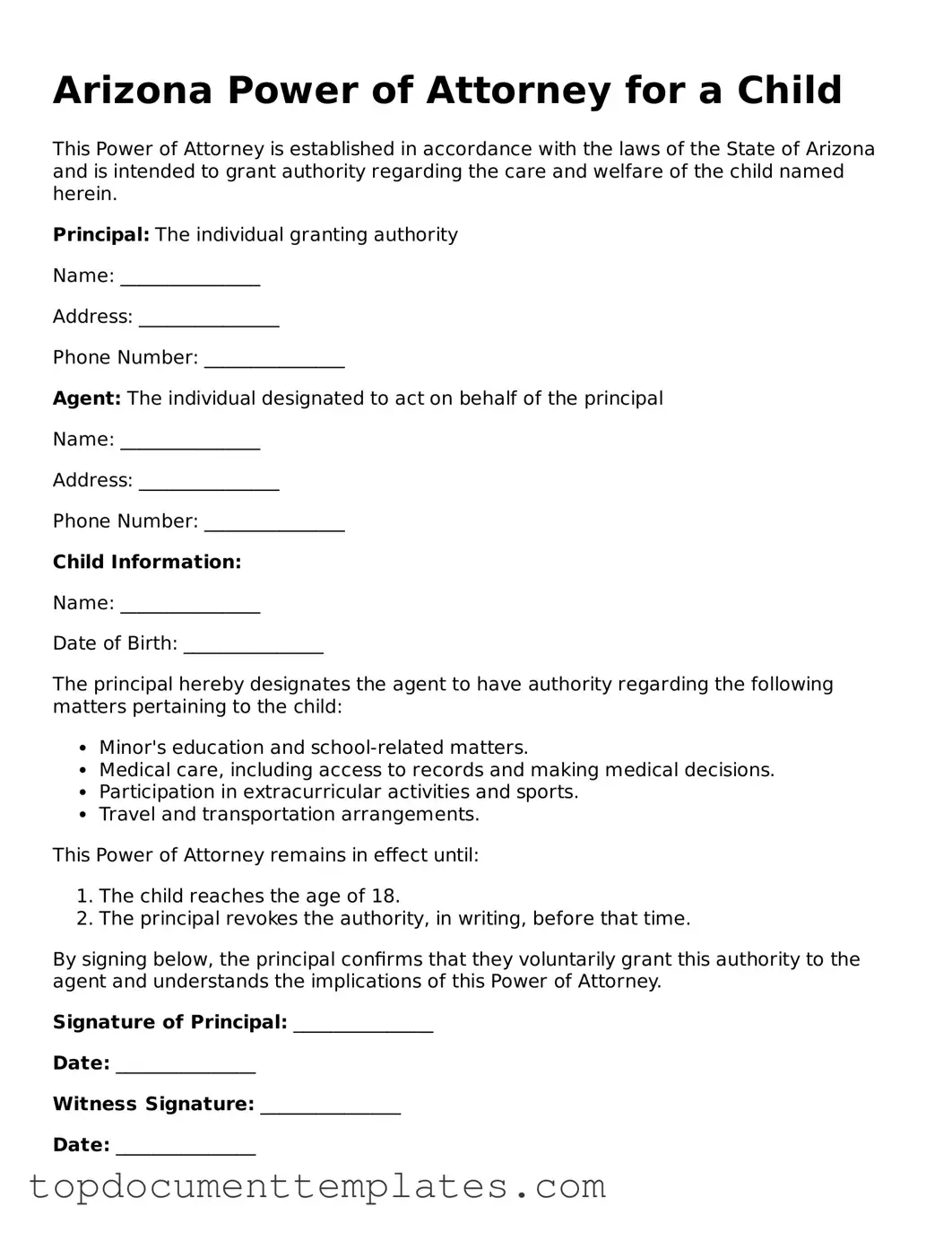 Valid Power of Attorney for a Child Form for Arizona State