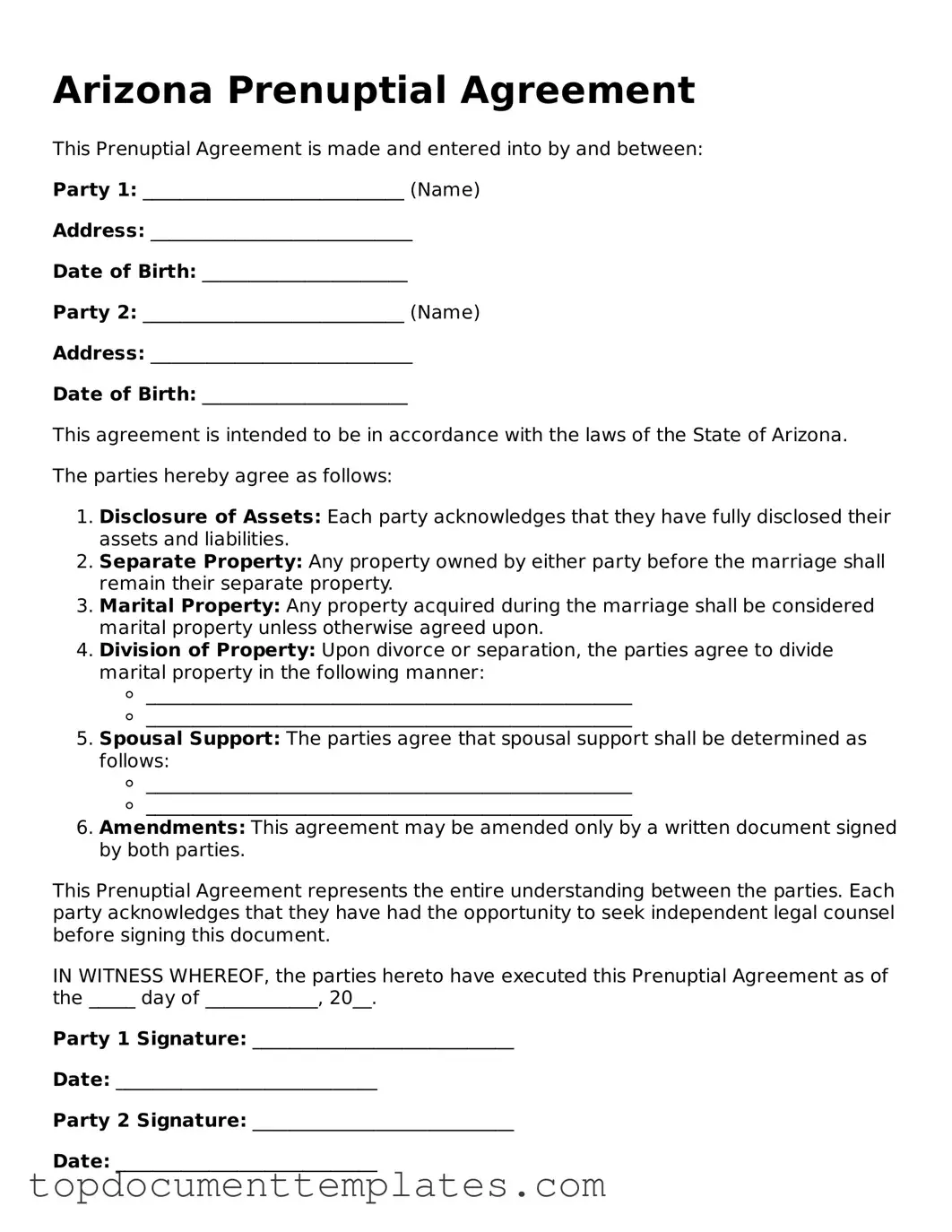Valid Prenuptial Agreement Form for Arizona State