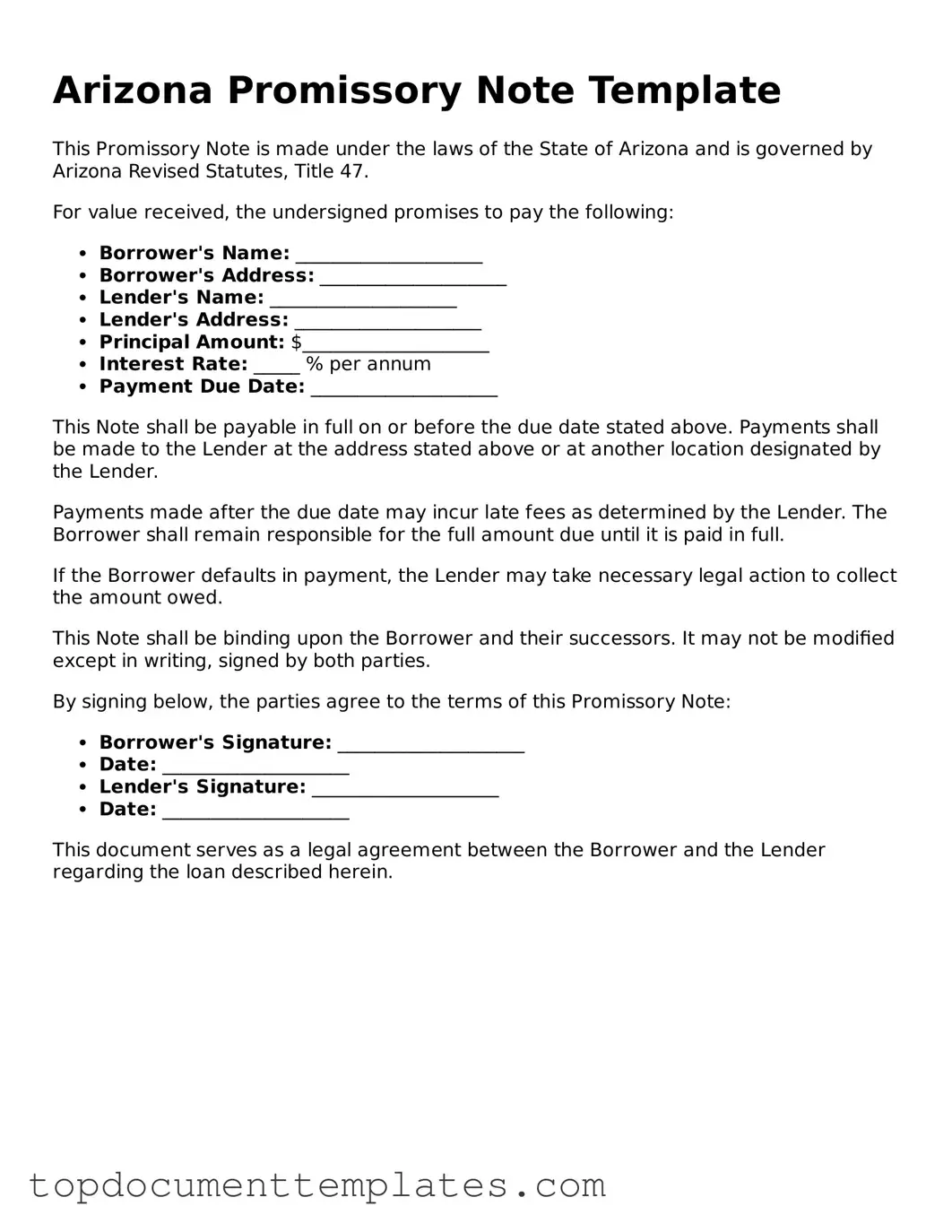 Valid Promissory Note Form for Arizona State