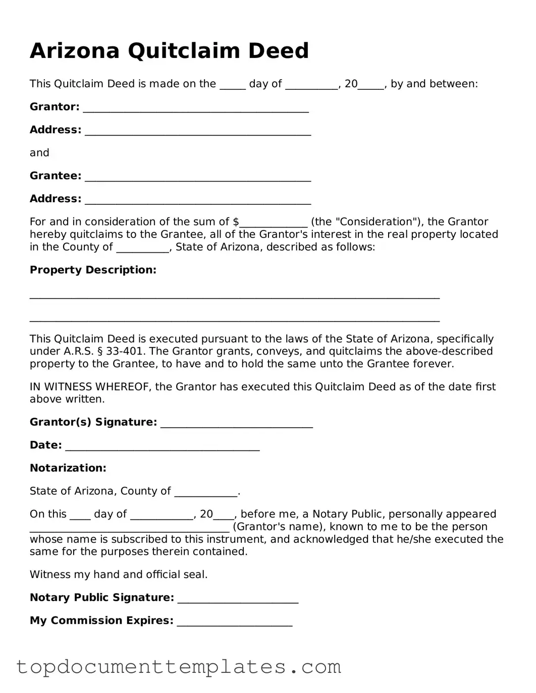 Valid Quitclaim Deed Form for Arizona State