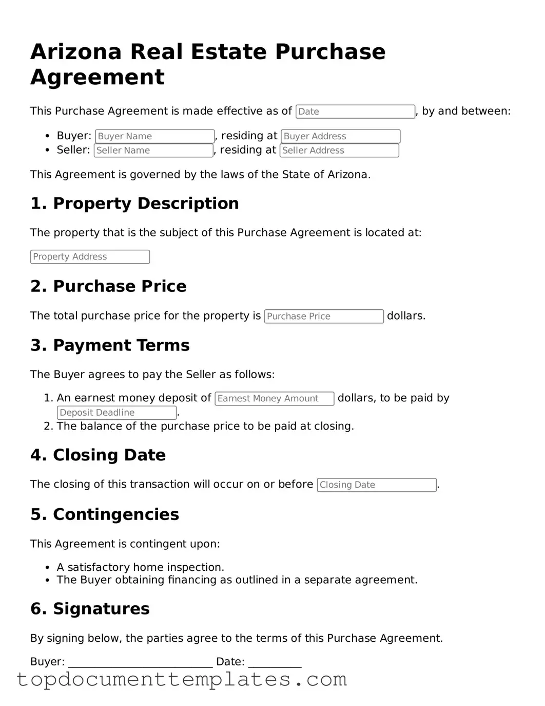 Valid Real Estate Purchase Agreement Form for Arizona State
