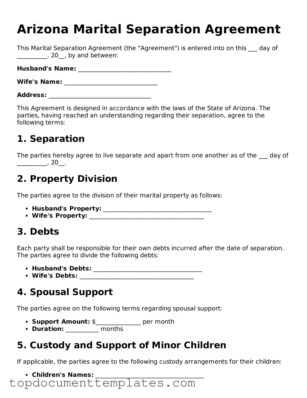 Valid Marital Separation Agreement Form for Arizona State