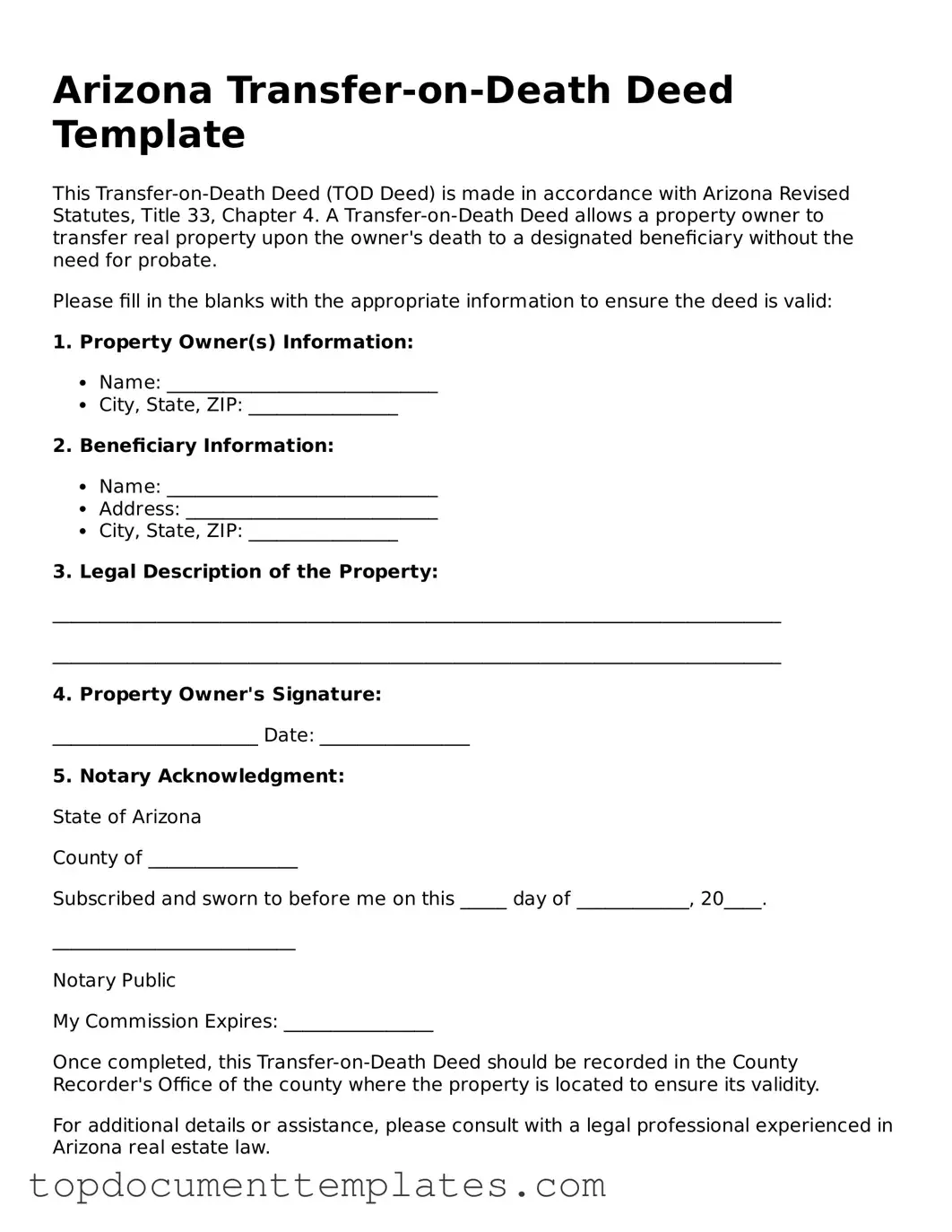 Valid Transfer-on-Death Deed Form for Arizona State