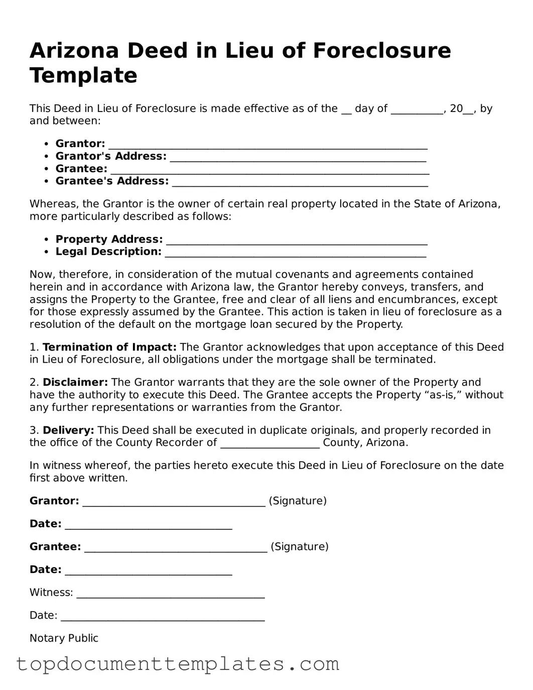 Valid Deed in Lieu of Foreclosure Form for Arizona State