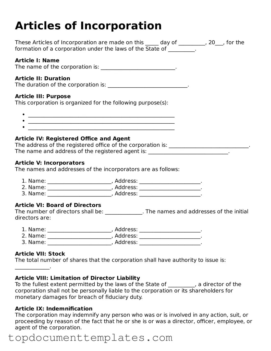 Official Articles of Incorporation Template