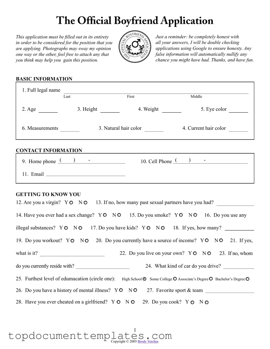 Blank Boyfriend application form PDF Form