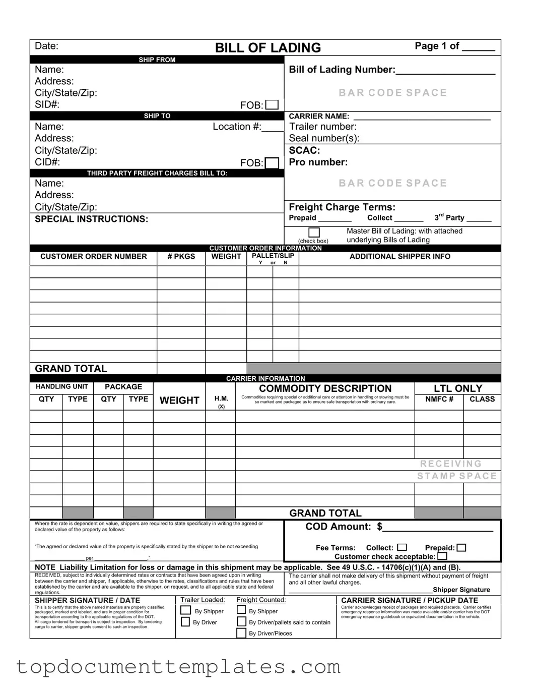 Blank Bill of Lading with a Supplement PDF Form