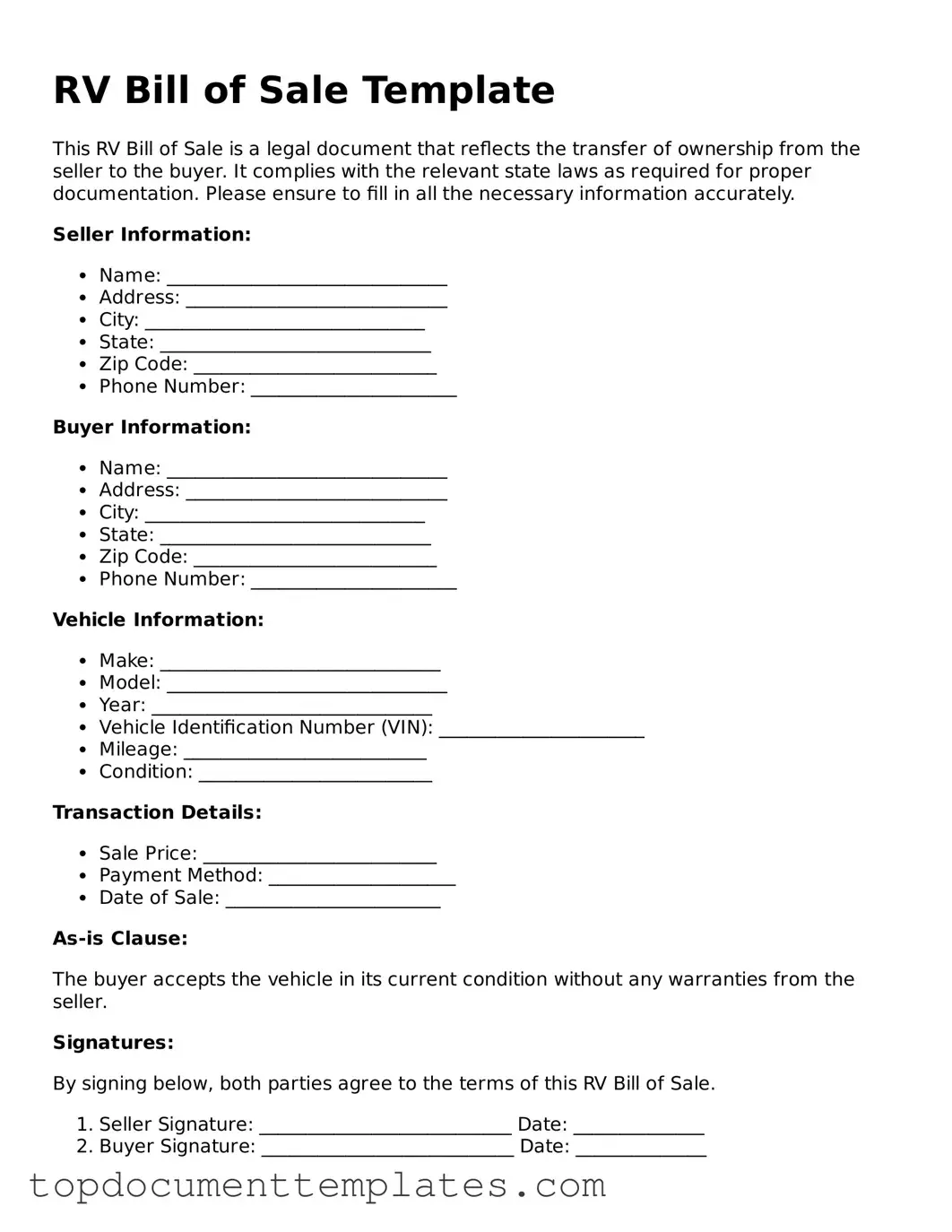 Official RV Bill of Sale Template