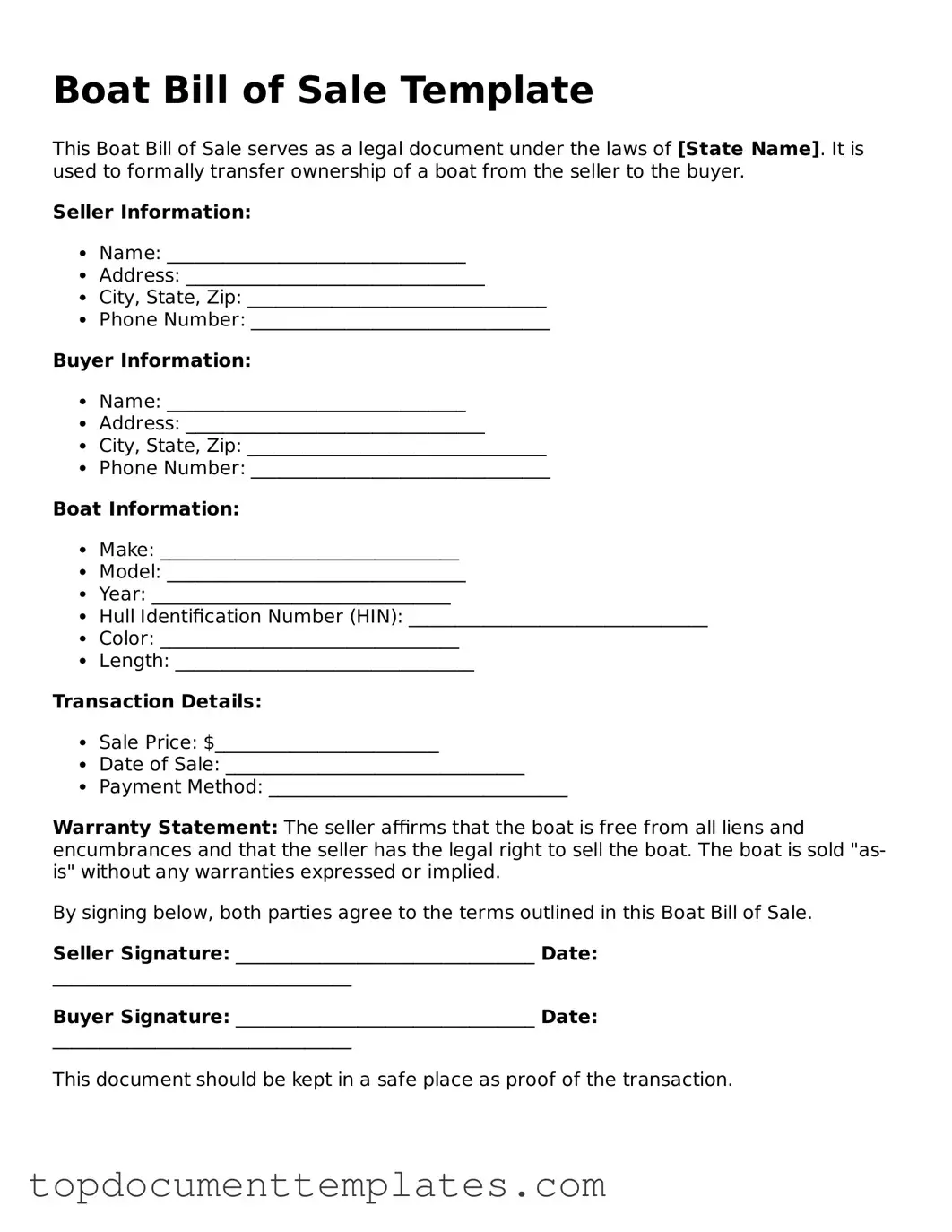 Official Boat Bill of Sale Template