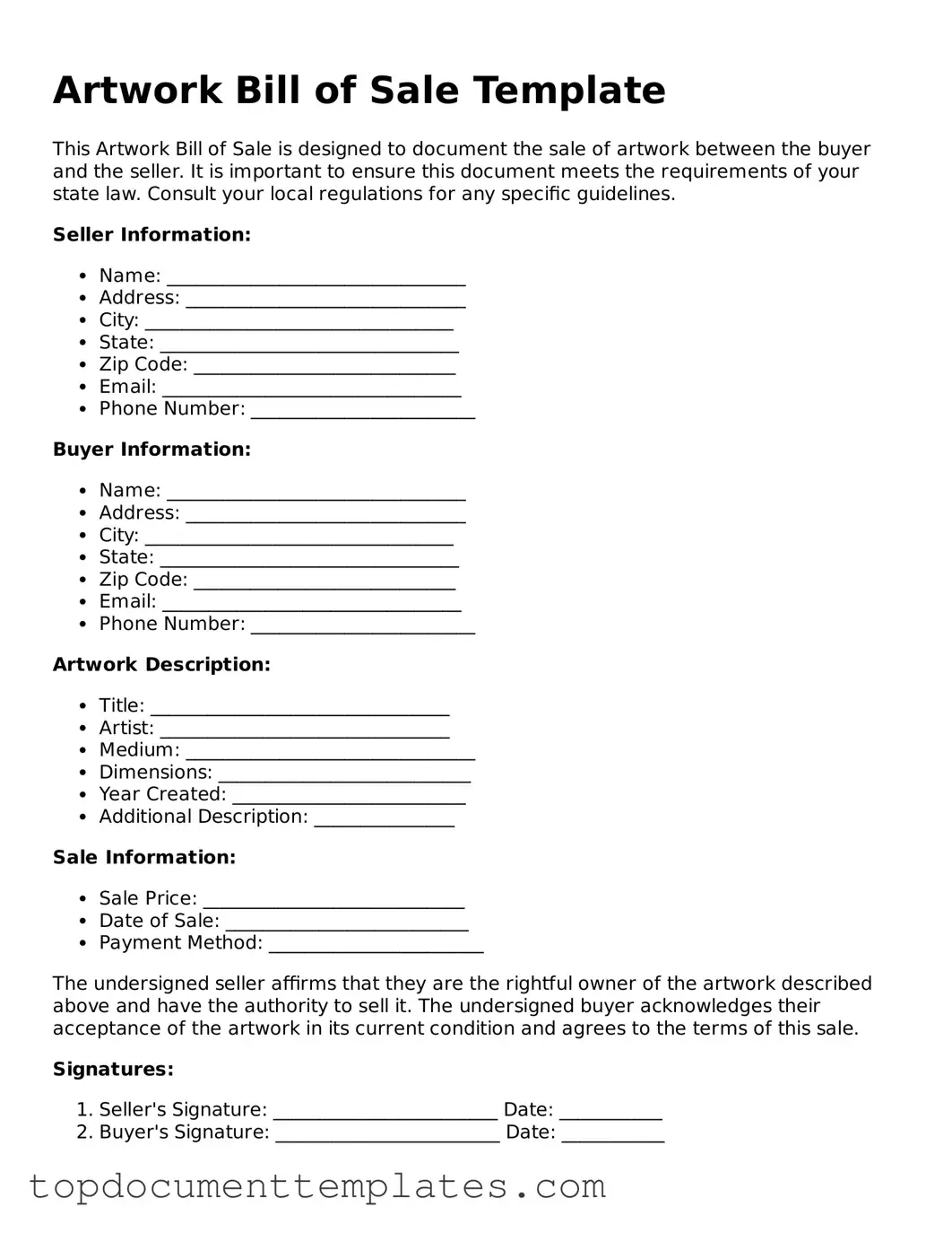 Official Artwork Bill of Sale Template