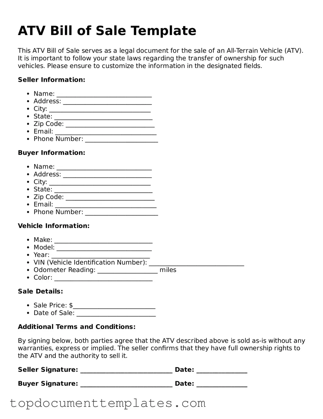 Official ATV Bill of Sale Template