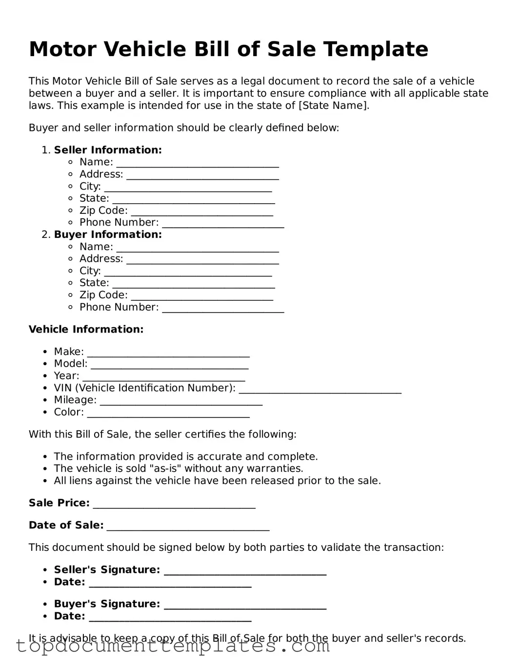Official Motor Vehicle Bill of Sale Template