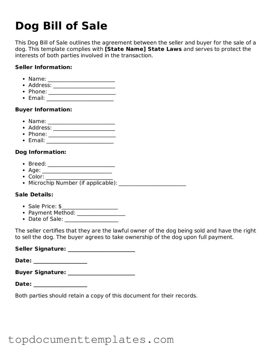Official Dog Bill of Sale Template