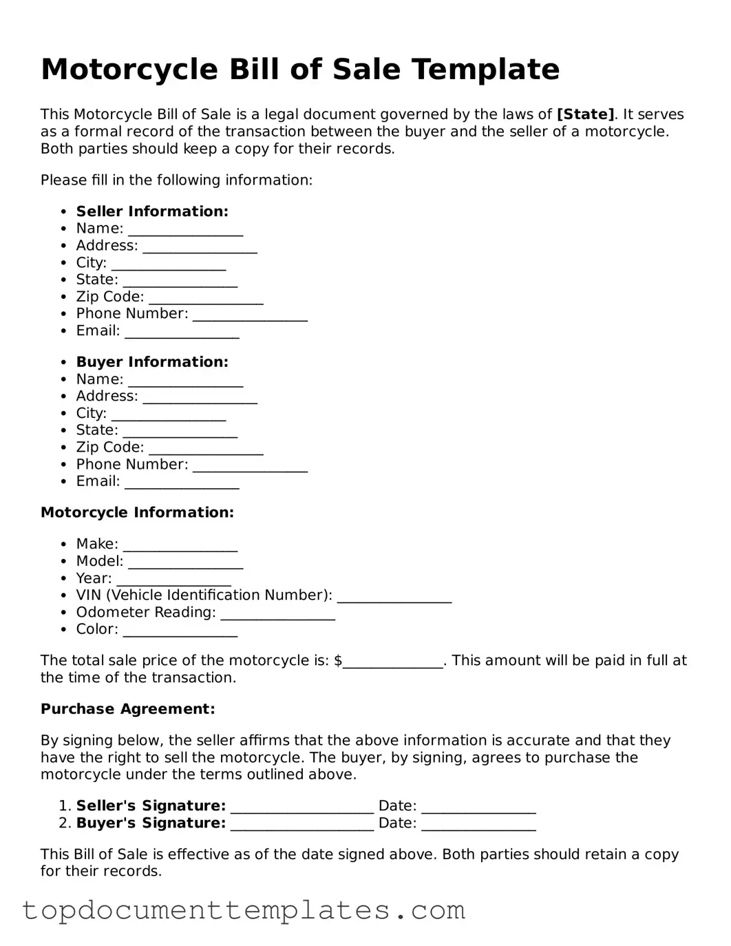 Official Motorcycle Bill of Sale Template