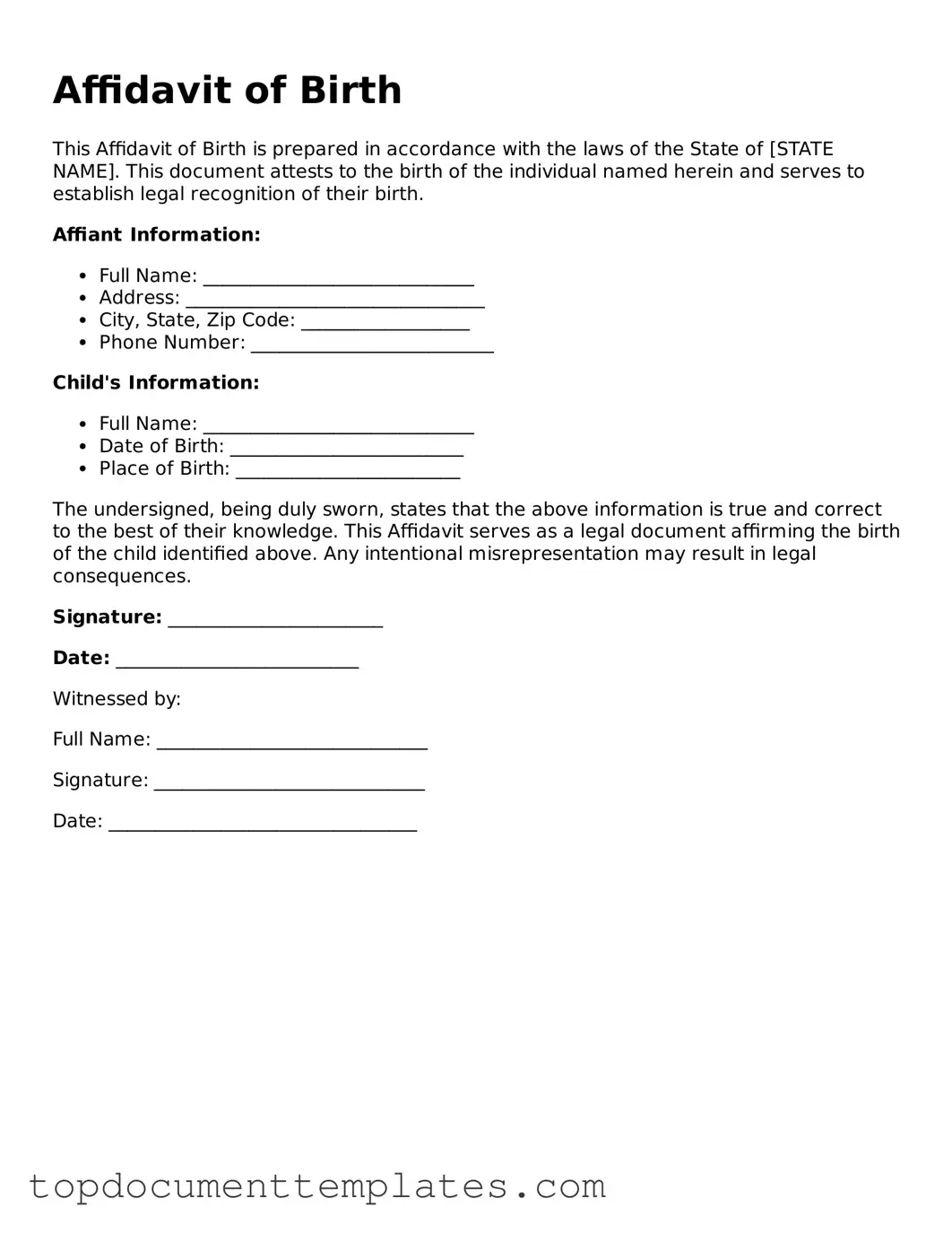 Official Affidavit of Birth Template