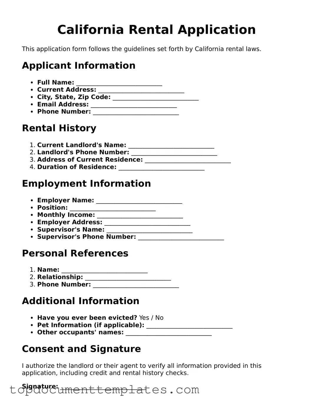 Valid Rental Application Form for California State